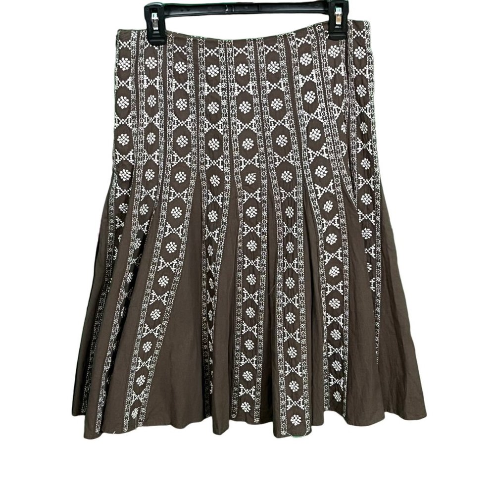 B Moss Womens Skirt Midi Size 10 Brown Embroidery Flared Cottagecore Boho Chic
